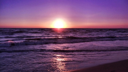 purple sea at sunset - purple, beach, sunset, sea, waves