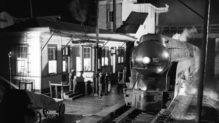 retro steam train at a station - train, station, people, tracks, steam, retro