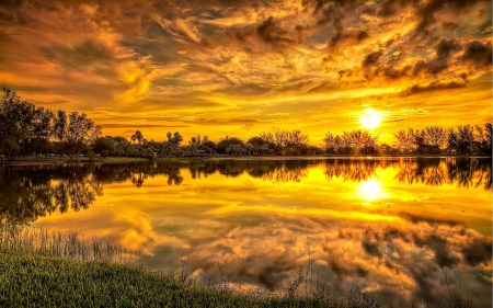 Sunset Reflection off a Lake - lake, sunset, trees, reflection