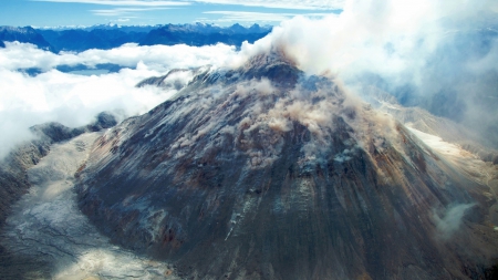 chaiten volcanic caldera in chile - volcano, mountain, clouds, caldera, stem