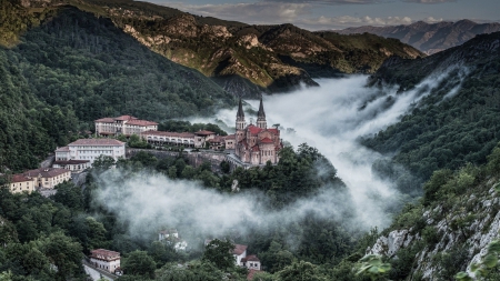 monastery on a hill in a foggy valley - village, hill, fog, mountains, valley, monastery