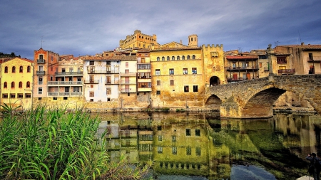 old city bridge over a river - reflection, river, city, bridge, grass