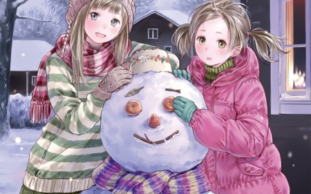 The snowman - white, pink, winter, anime, snowman, girl, manga