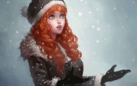 Snowing - hat, winter, snowflakes, blue, girl, black, fantasy, redhead, art, gloves