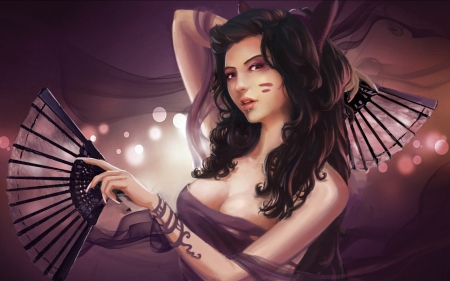 Ahri - fighter, game, league of legends, girl, fan, cat, fantasy, purple, woman