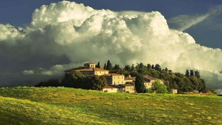 magnificent clouds over tuscan farm - clouds, hills, farm, fields