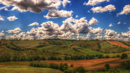 wonderful clouds over fields on hills hdr - sky, vllage, clouds, hills, fields, hdr