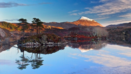 reflection on a lake in autumn - lake, mountains, rocks, reflection, bushes, trees, autumn