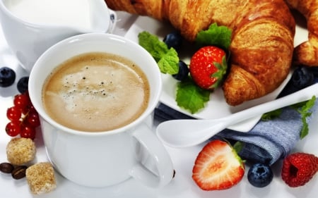 Coffee - drink, coffee, strawberries, croissants, drins, cup, crackers