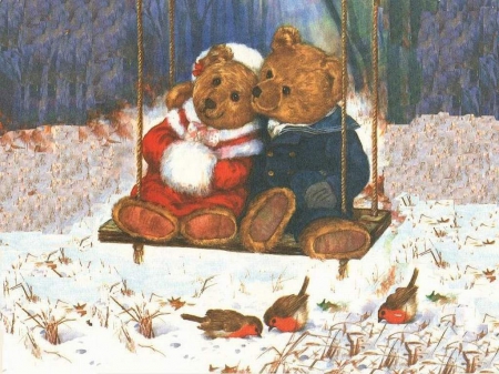 â™¥ Teddy Bear Love â™¥ - trees, winter, valentine, painting, teddy bears, valentines, snow, valentines day, swing, birds