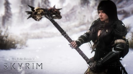 Warrior of the North - warrior, hammer, winter, girl, woman, skull, skyrim