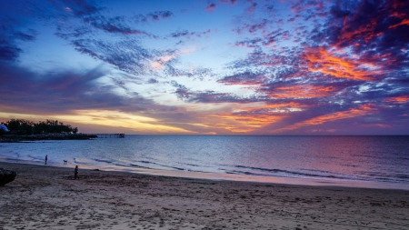 walking the dogs on a beautiful beach - clouds, sunset, people, dogs, beach, sea