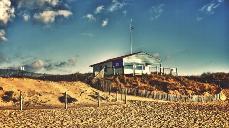 beach house on the dunes - house, dunes, beach, fence, sand, sky