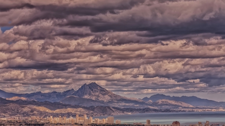 spectacular clouds over coastal city hdr - mountains, clouds, coast, city, sea, hdr