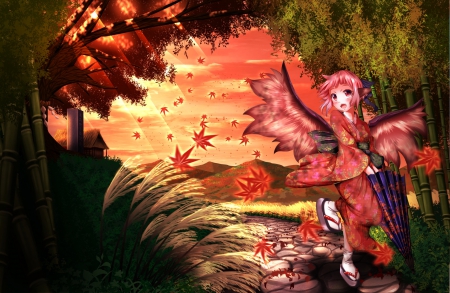 Mystia Lorelei - house, trees, anime, grass, leaves, pink eyes, short hair, fall, umbrella, japanese clothes, touhou, autumn, wings, mystia lorelei, pink hair