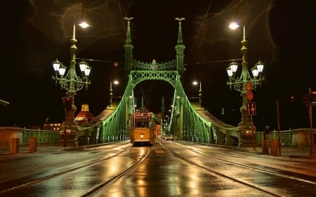 Bridge - city, night, bridge, tram