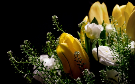 Flowers - white, roses, tulips, beautiful, flowers, bouquet, yellow, nature