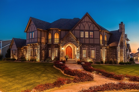 illuminated house - driveway, night, iluminated, house