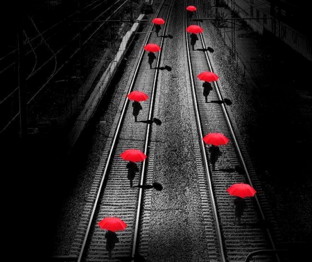 WALKING UMBRELLAS - walk, red, woman, umbrellas