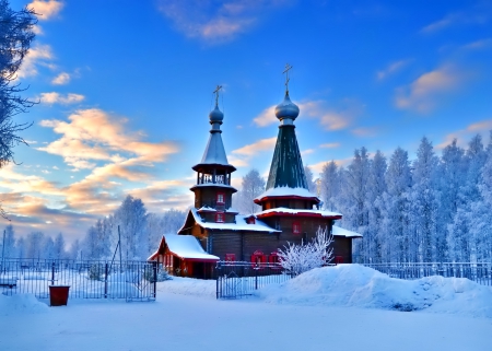 Winter church - sky, trees, photography, sun, wonderful, cold, tree, ice, snowflake, winter, snowflakes, lovely, nature, snow, beautiful, splendor, photo