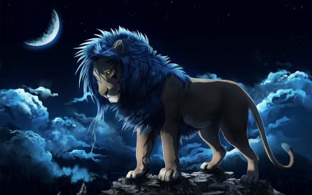 Lion - moon, lion, night, art