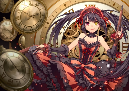 Kurumi - clocks, anime, anime girl, kawaii, dress, art, date a live, kurumi