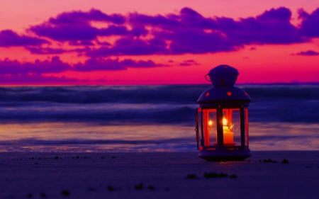 LIGHTED HORIZON - beach, lanterns, sea, clouds