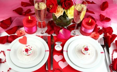 * Evening for two * - love, drink, candle, glasses, roses, champagne, valentine, romantic, petals, flowers, red roses