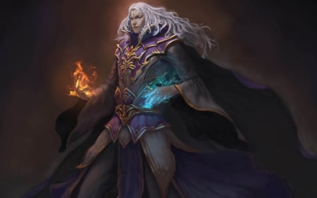 Sorcerer - game, magic, sorcerer, blue, orange, man, fantasy, purple, fire