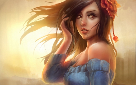 Windy day - art, girl, red, blue, fantasy, wind, flower