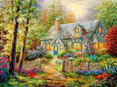 Cottage hideaway - wide screen, cottage, trees, animals, paradise, peaceful, tudor, greenery, path, spring, painting, art, artwork, architecture, house, garden, landscape, hen, summer, lovely, hideaway, serenity, nature, forest, beautiful, scenery, flowers, lights