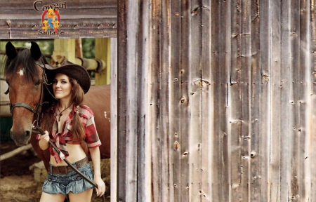 Cowgirl Outside A Barn - fun, female, fashion, hats, western, cowgirls, style, farm, famous, women, beautiful, models, girls, rodeo, horses, ranch, cutoffs, ropes, country