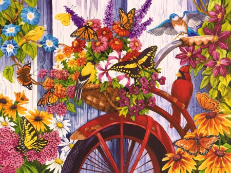 The old bicycle and friends - pretty, bird, cardinal, beautiful, spring, lovely, freshness, flowers, colorful, painting, old, friends, bicycle, nice, art