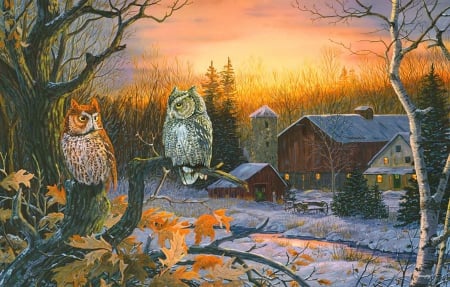 Hobgoblins - vilalge, forest, beautiful, cottage, amazing, owls, wooden, sunset, autumn, stream, winter, evening, fiery, night, art, sky, lovely, trees, painting, snow