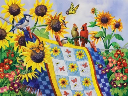 Meeting at the clothesline - pretty, sunflowers, birds, company, pair, clothesline, spring, nicem, flowers, blanket, lvoely, friends, art, beautiful, lovley, freshness, cardinals, colorful, painting, butterfly, meeting