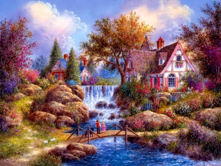 Angel falls - fun, cottage, angel, joy, countryside, stream, colorful, waterfall, creek, spring, art, river, grass, cascades, nature, beautiful, stones, freshness, sky, trees, peaceful, water, retty, rocks, painting, fall, rural, pretty, clouds, house, bridge, summer, shore, lovely, village, flowers