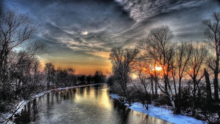 hdr winter riverscape - trees, river, winter, hdr, sunset