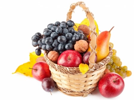 Basket of Autumn Fruits - autumn, fruits, pear, basket, apples, fruit, grape, food, photo