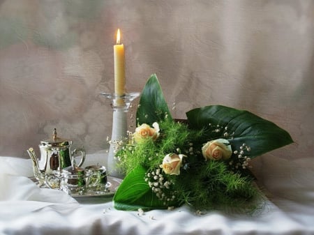 Still life - white roses, candle, still life, roses