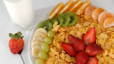 Breakfast - drink, milk, strawberry, food, fruit, photo, fruits, healthy