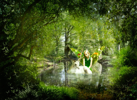 ANGEL AND REINDEER - reindeer, fairy, pond, woods