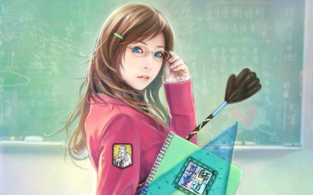 Schoolgirl - board, glasses, textbook, female, school