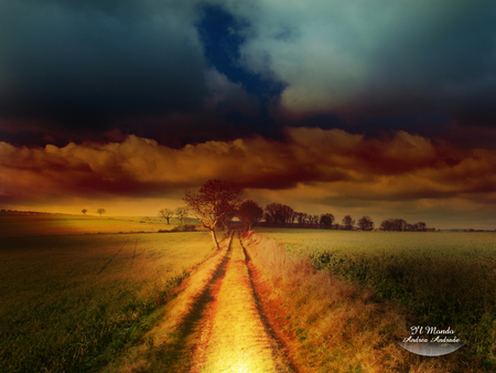 Country Road - dry grass, cloudy sky, art, country road