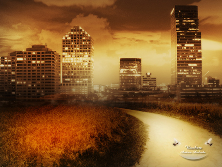 Nowhere town - road, dry grass, brown shades, buildings, art