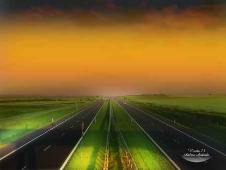 Route 74 - golden sky, road, greenery, art