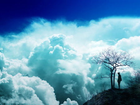 Mysterious Clouds - thick clouds, tree, person, mountain