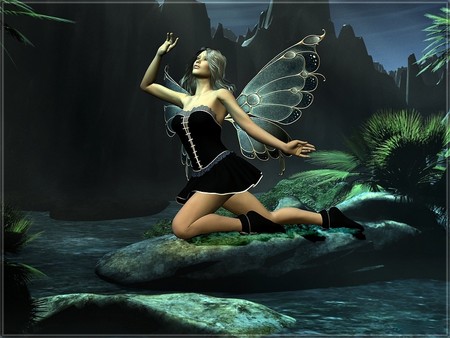 BUTTERFLY FAIRY - fantasy, butterfly, black dress, fairy, rocks