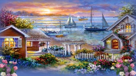 ~*~ Harbor House ~*~ - house, flowers, ships, harbor