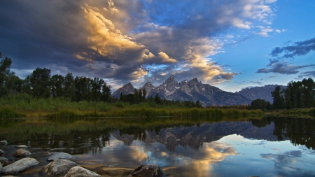 dawn over the grand tetons - reflections, trees, dawn, clouds, river, mountains