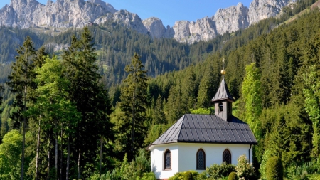 lovely chapel in forest under grand mountains - forest, mountain, steeple, chapel